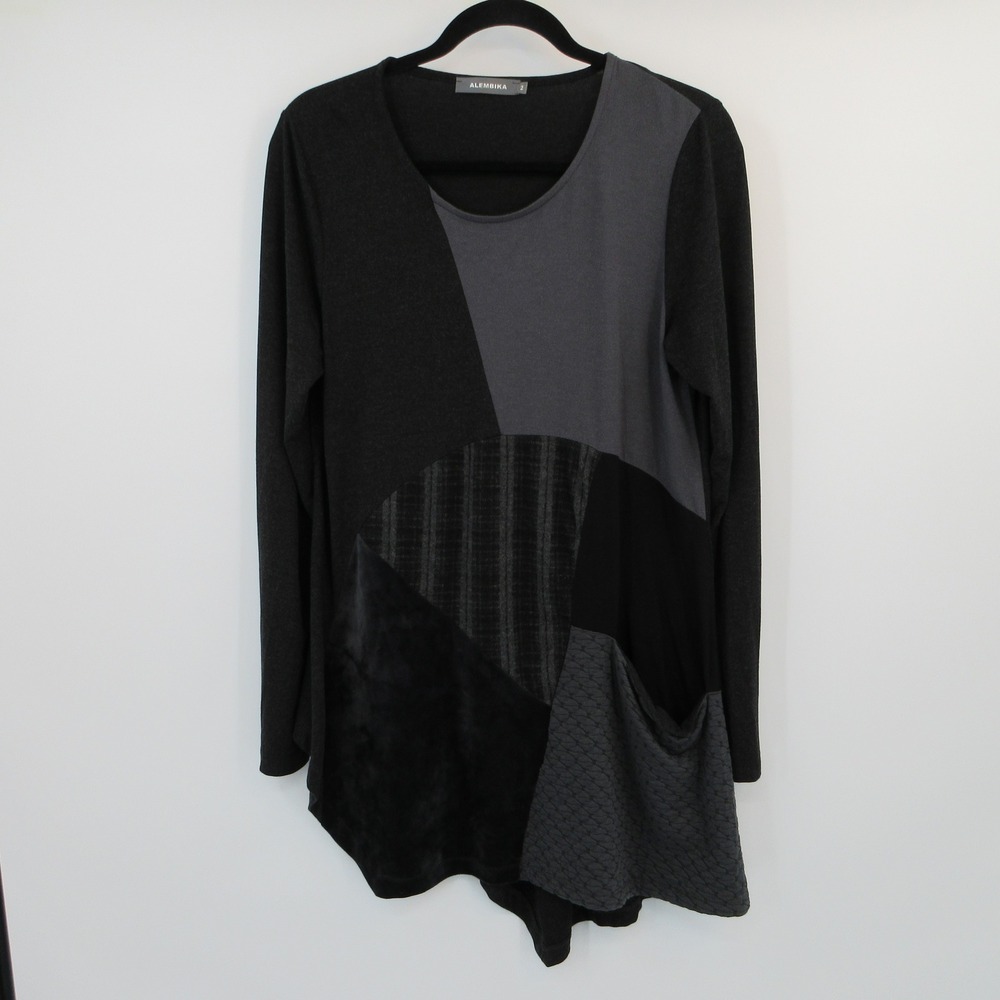 Alembika Women Black Grey Patchwork Asymmetrical Tunic Top Size 2 Made in Israel